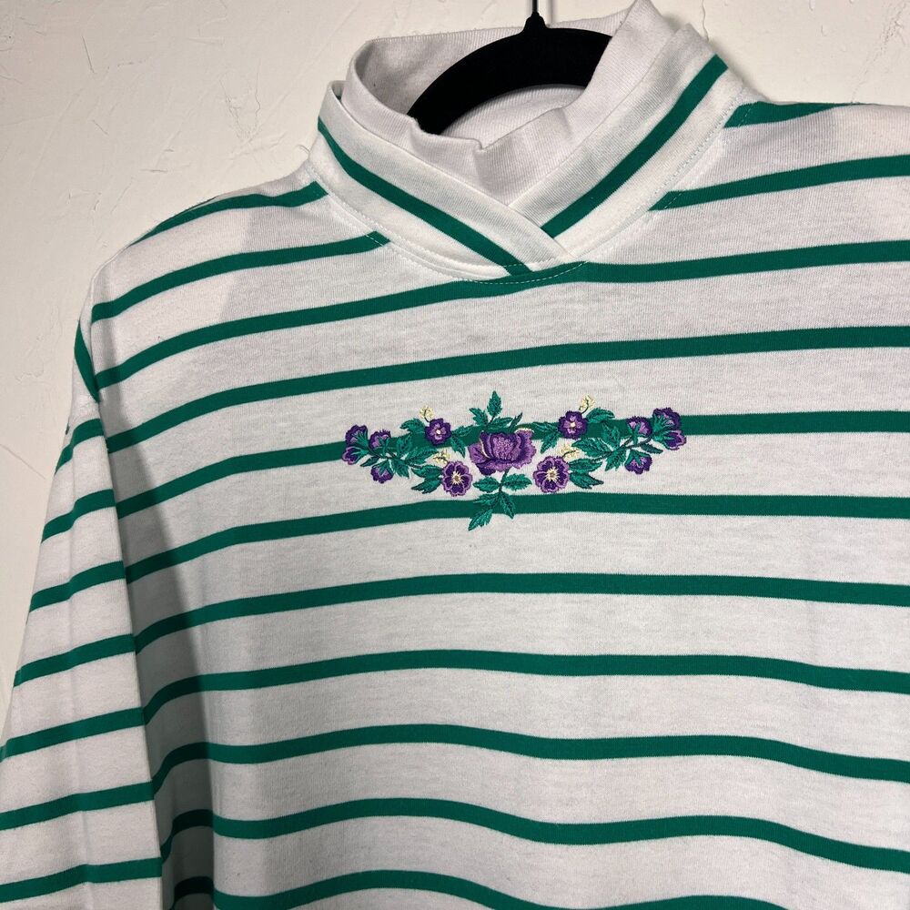 Vintage Mock Neck Sweatshirt Erika Green White Striped Floral Cottagecore Sz SP - Picture 5 of 11
